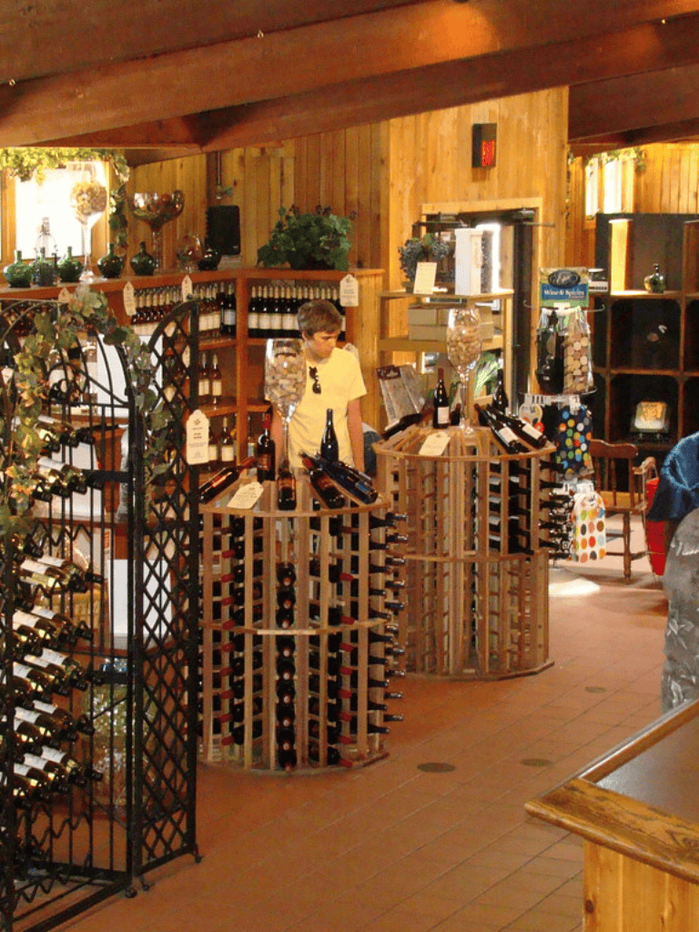 Vineyard wine tasting shop display with wine bottles and wooden decor, inviting wine lovers to explore and purchase local wines.