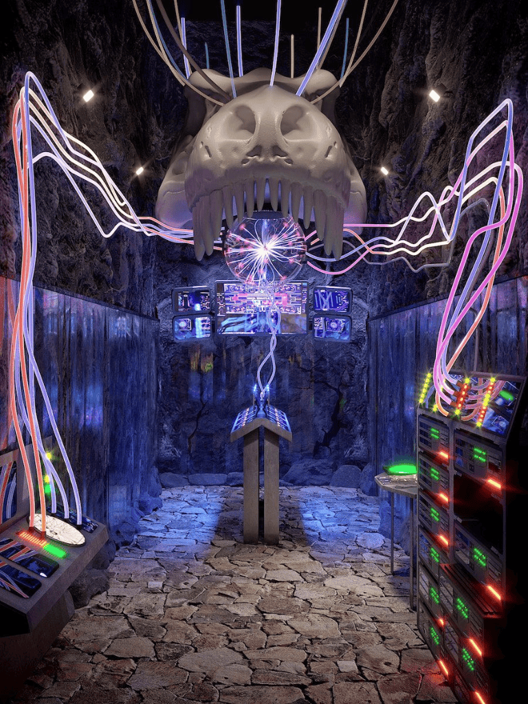 Intriguing digital art exhibit with neon lights, a skull sculpture, and futuristic technological installations in a dark cavern.