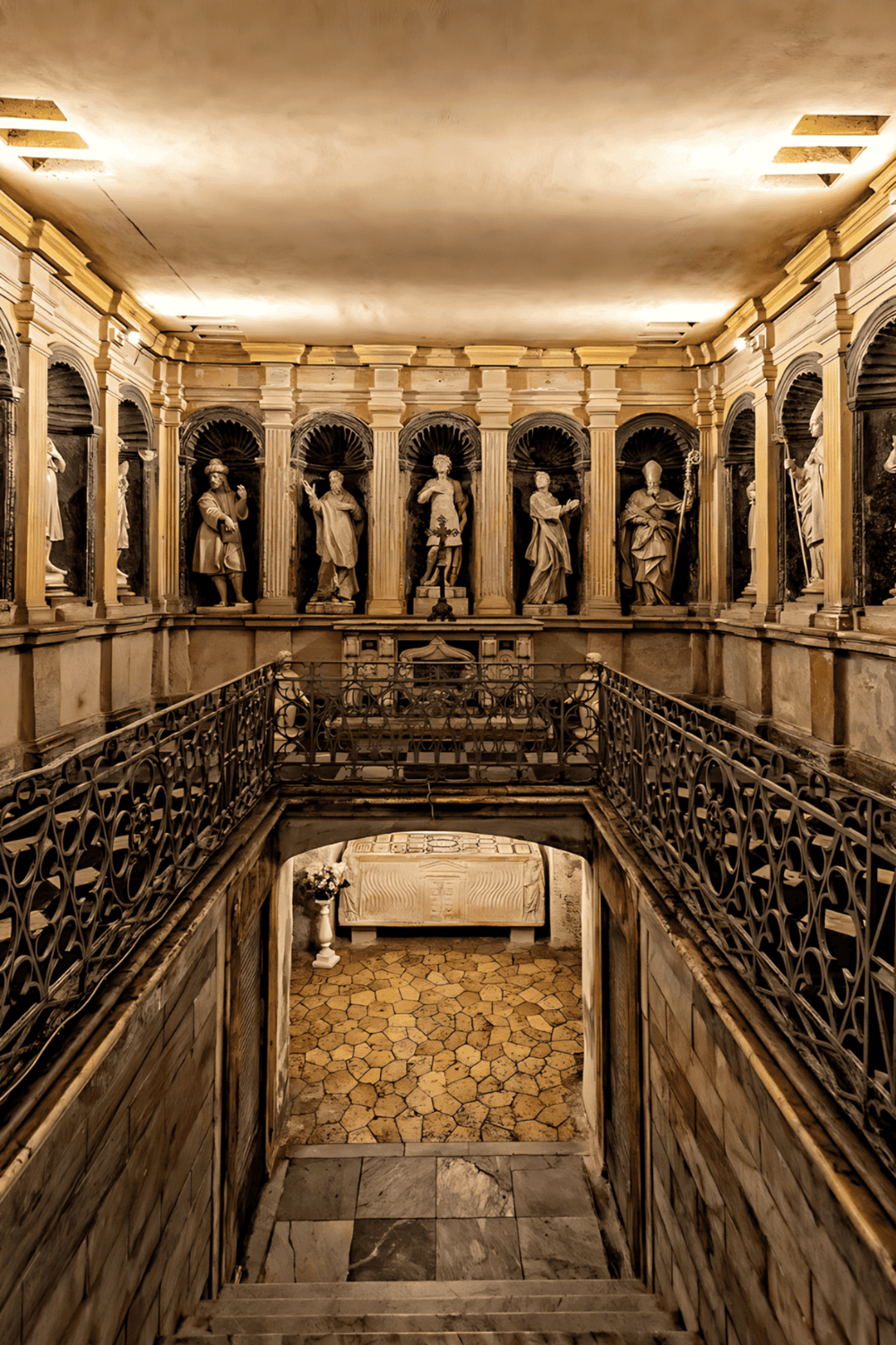 1. Intricate historical sculptures and architecture in a museum hall.