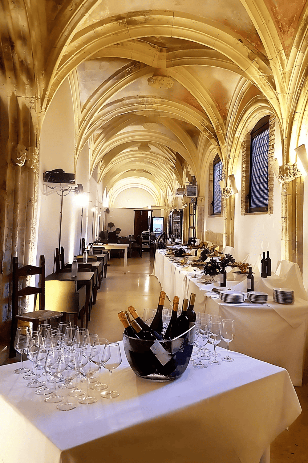 Elegant historic event venue with vaulted ceilings, wine bottles, and formal setup.