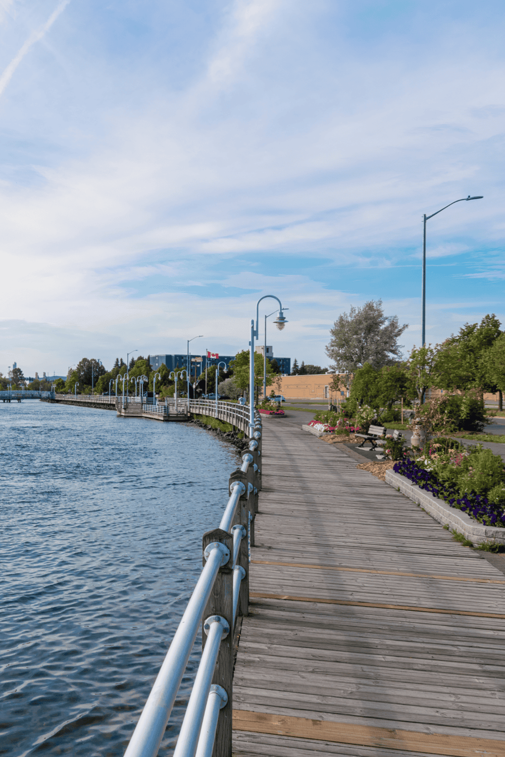 Seaside boardwalk with benches and flowers, scenic waterfront walk for directions.