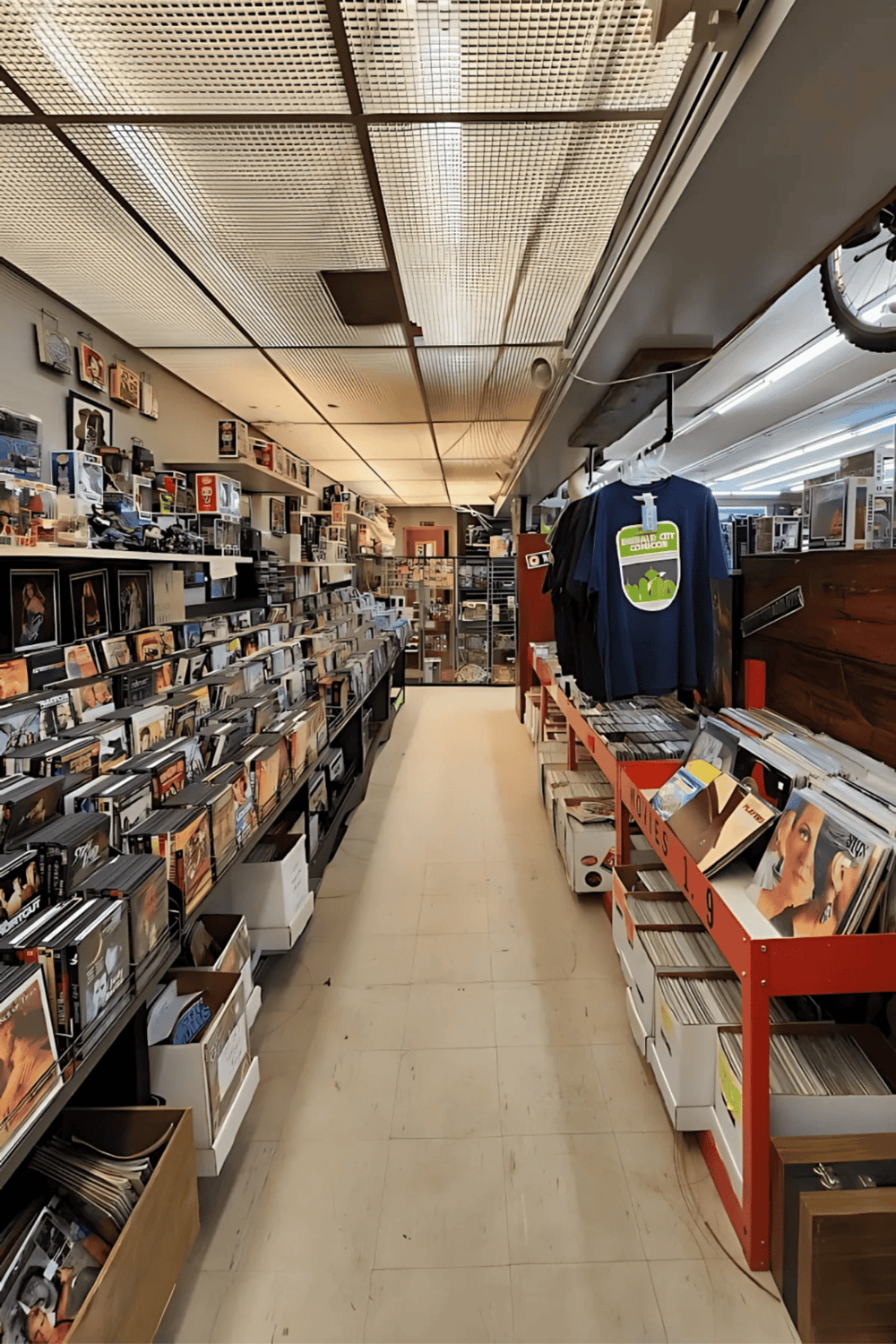 Vintage record store with vinyl albums and collectibles for music lovers.