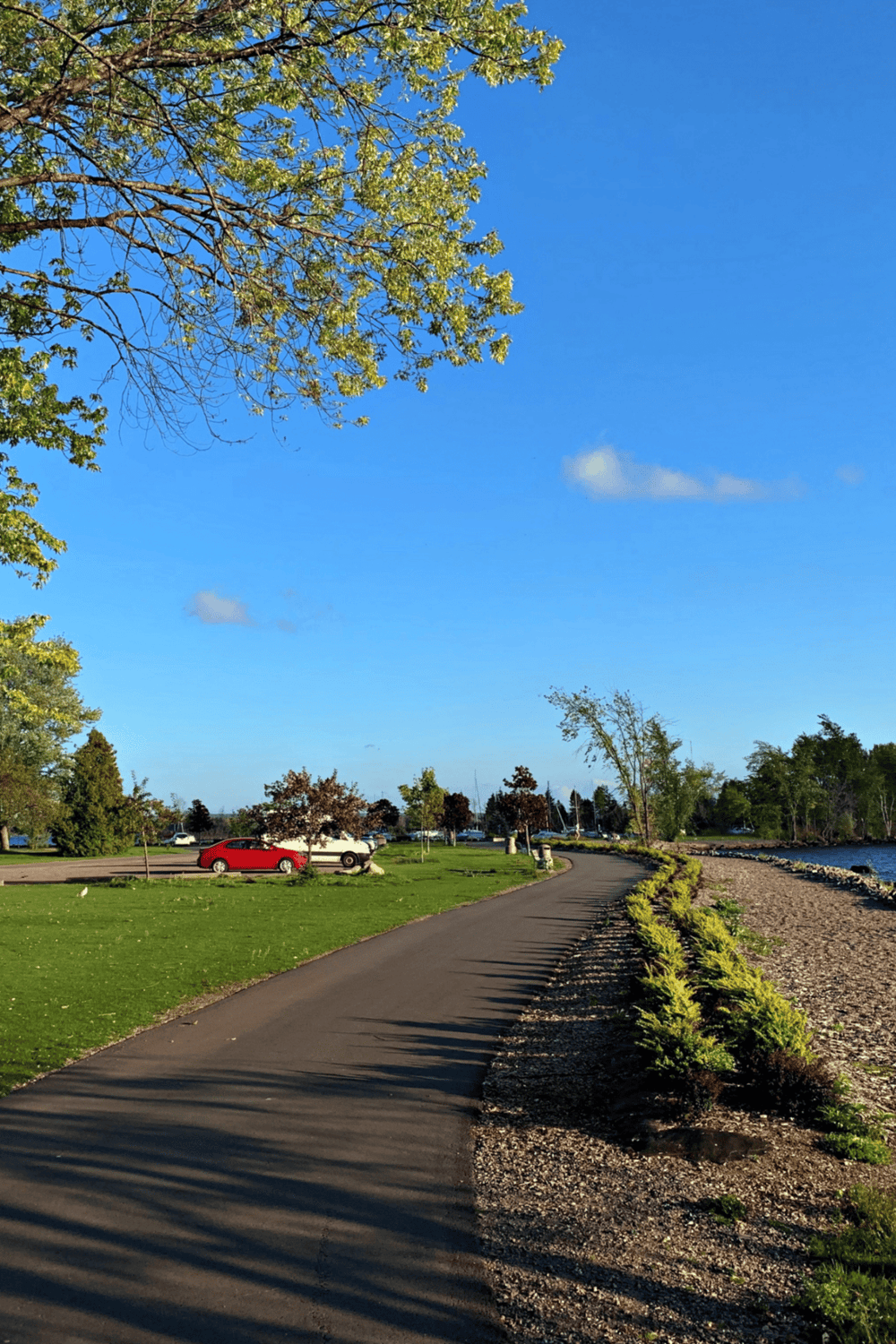 Scenic riverside walking trail with greenery and parking area, perfect for outdoor activities.