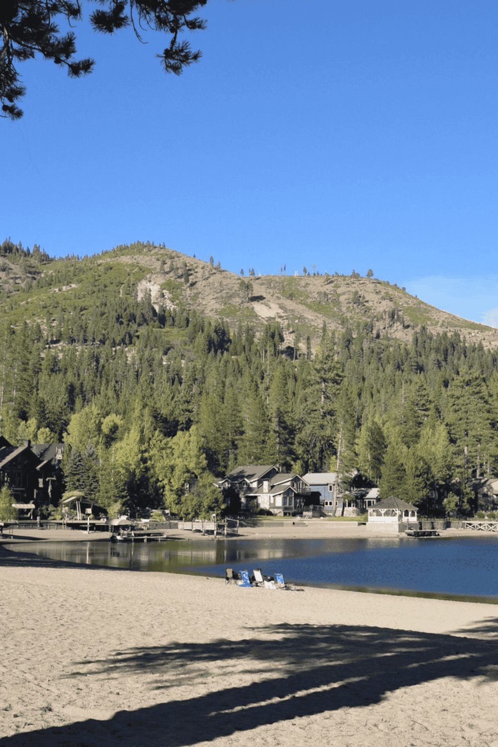 Serene lakeside mountain scene with cabins and lush green trees, perfect for outdoor adventure and nature exploration.