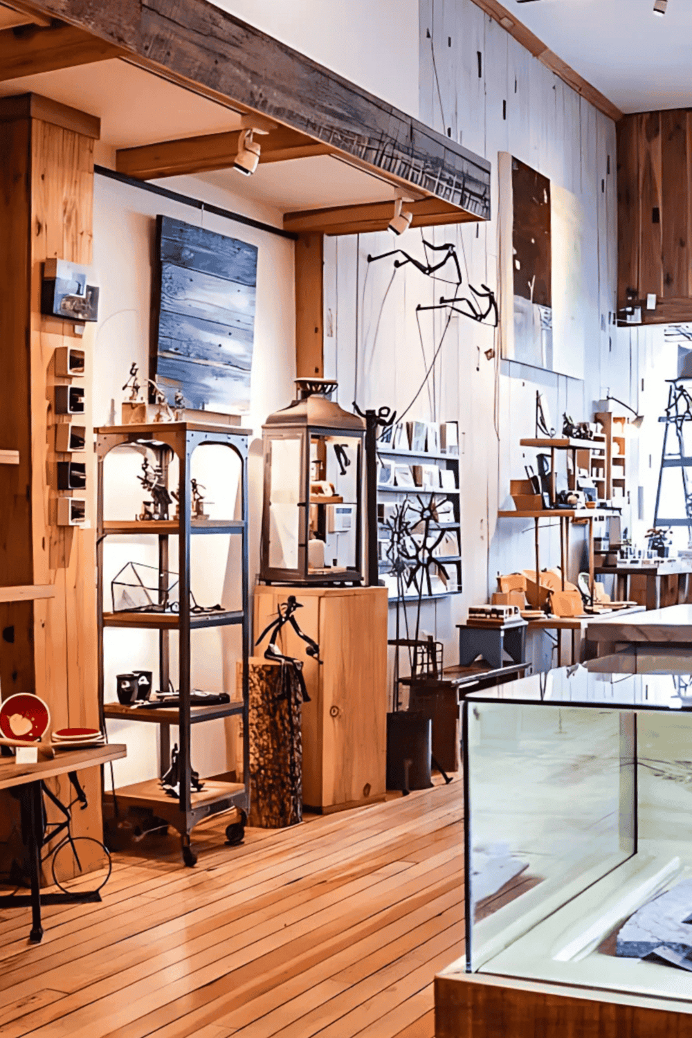 Unique wood art and craft store showcasing handcrafted sculptures and decor.
