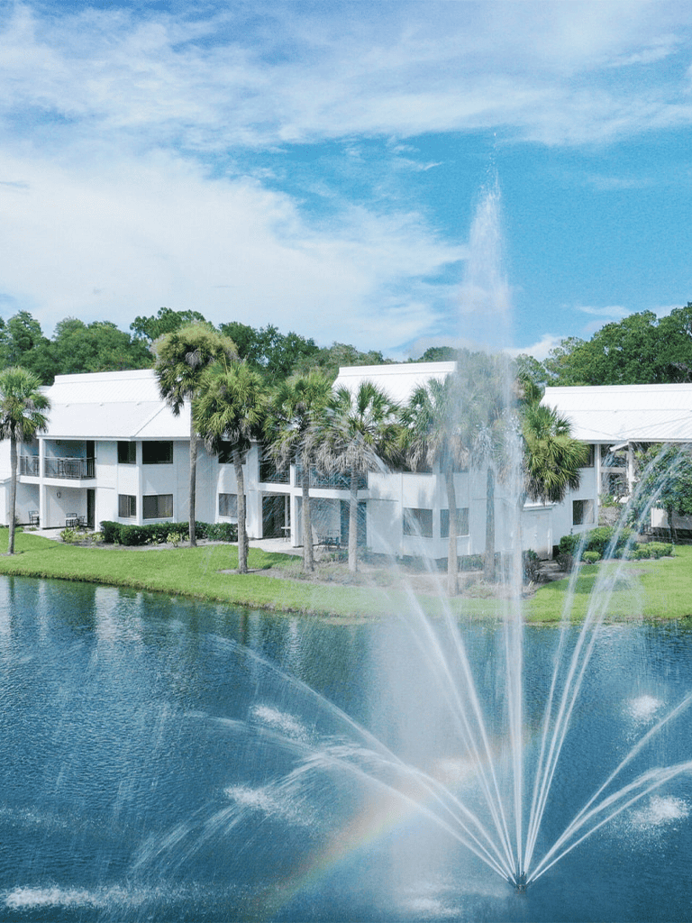 Beautiful modern beachfront resort with water feature and lush tropical landscape.