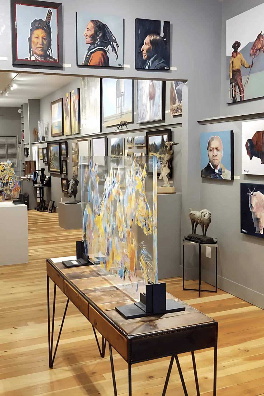 1. Wide-angle view of contemporary art gallery showcasing vibrant paintings and sculptures.