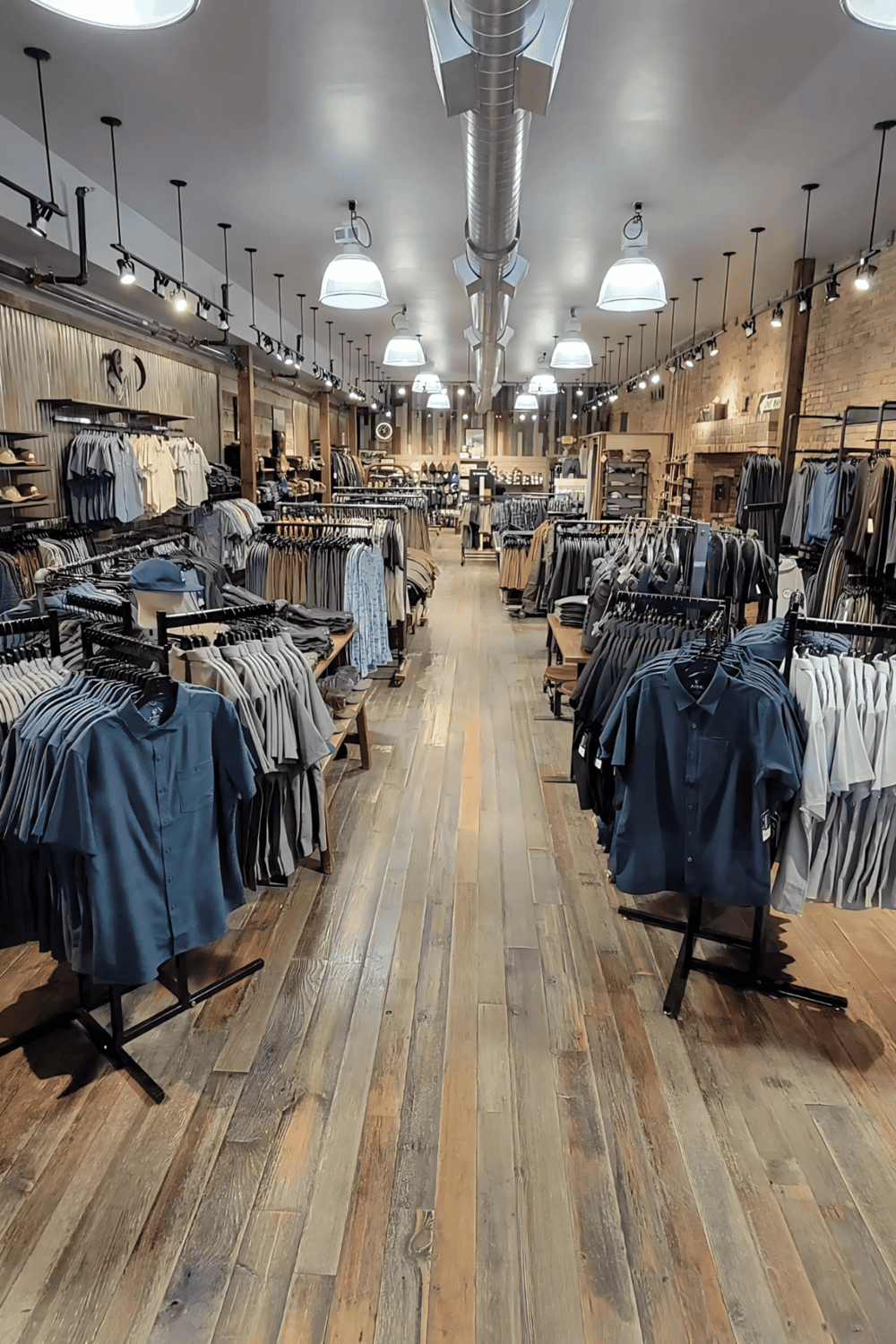 1. Wide view of men's clothing store interior with racks of casual apparel and streetwear.