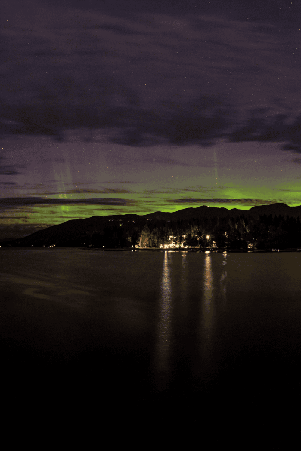 Northern Lights over a tranquil lake with mountain silhouette, stunning night sky, and starry view.