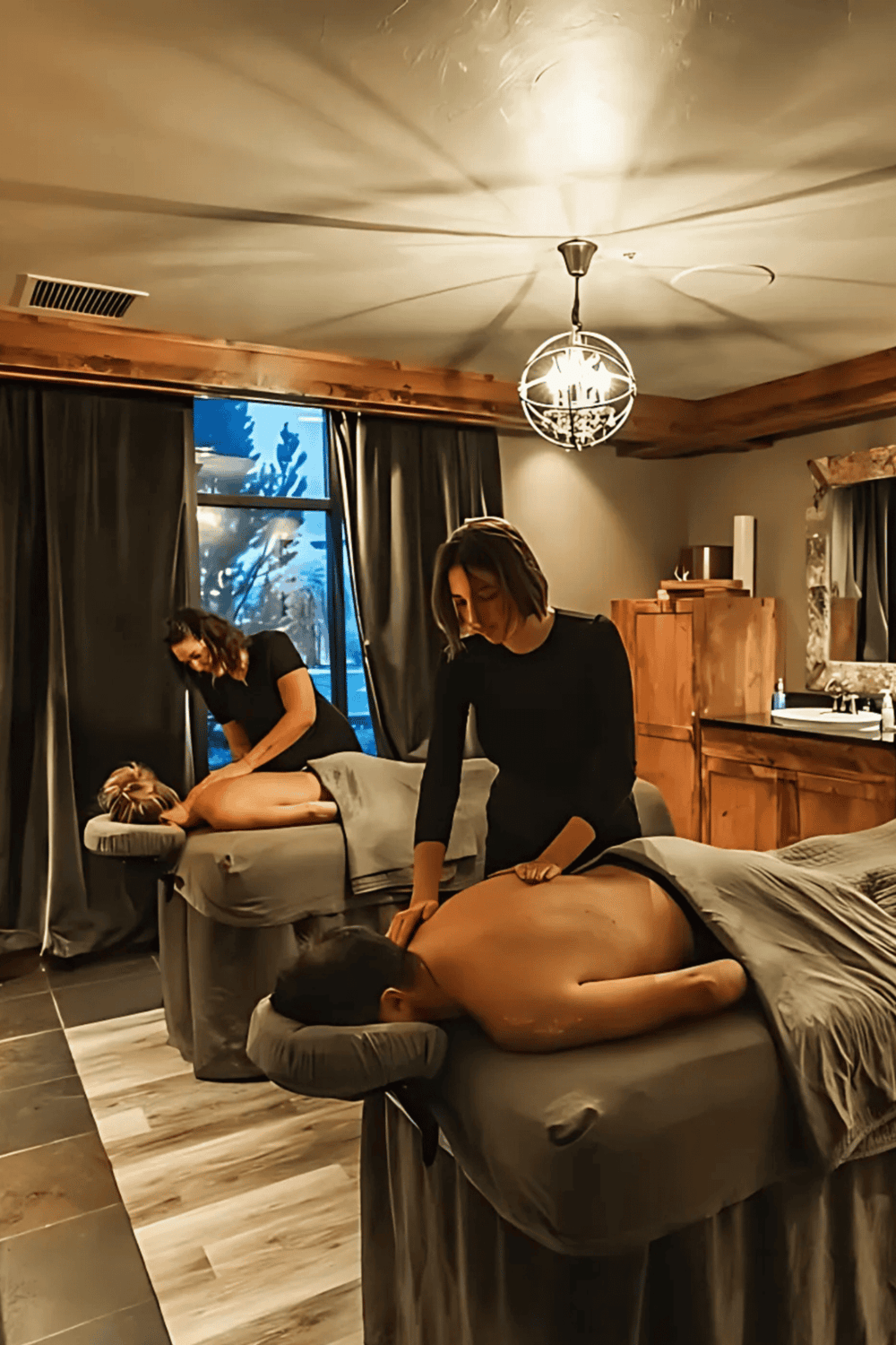 Relaxing massage therapy session in cozy spa room with two therapists and professional massage equipment.