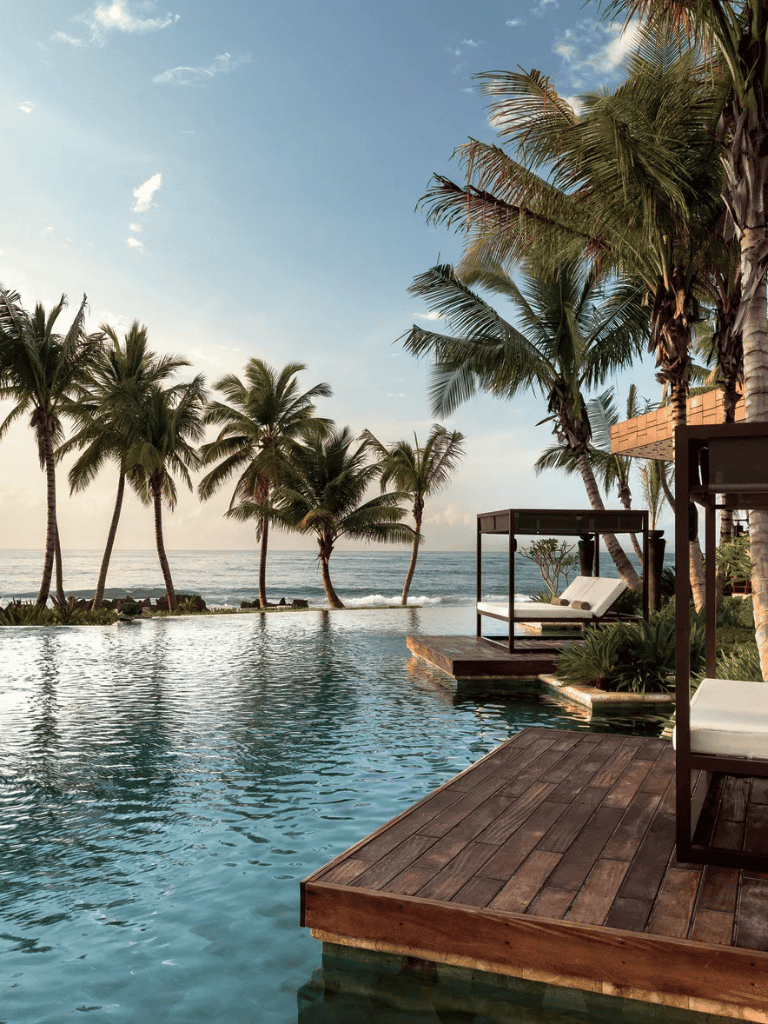 Relaxing tropical beach pool with palm trees and ocean view at sunset.