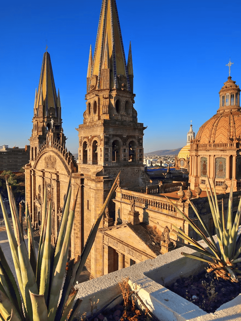Vibrant Madrid cityscape with historic church spires and blue sky, scenic view from a rooftop garden.