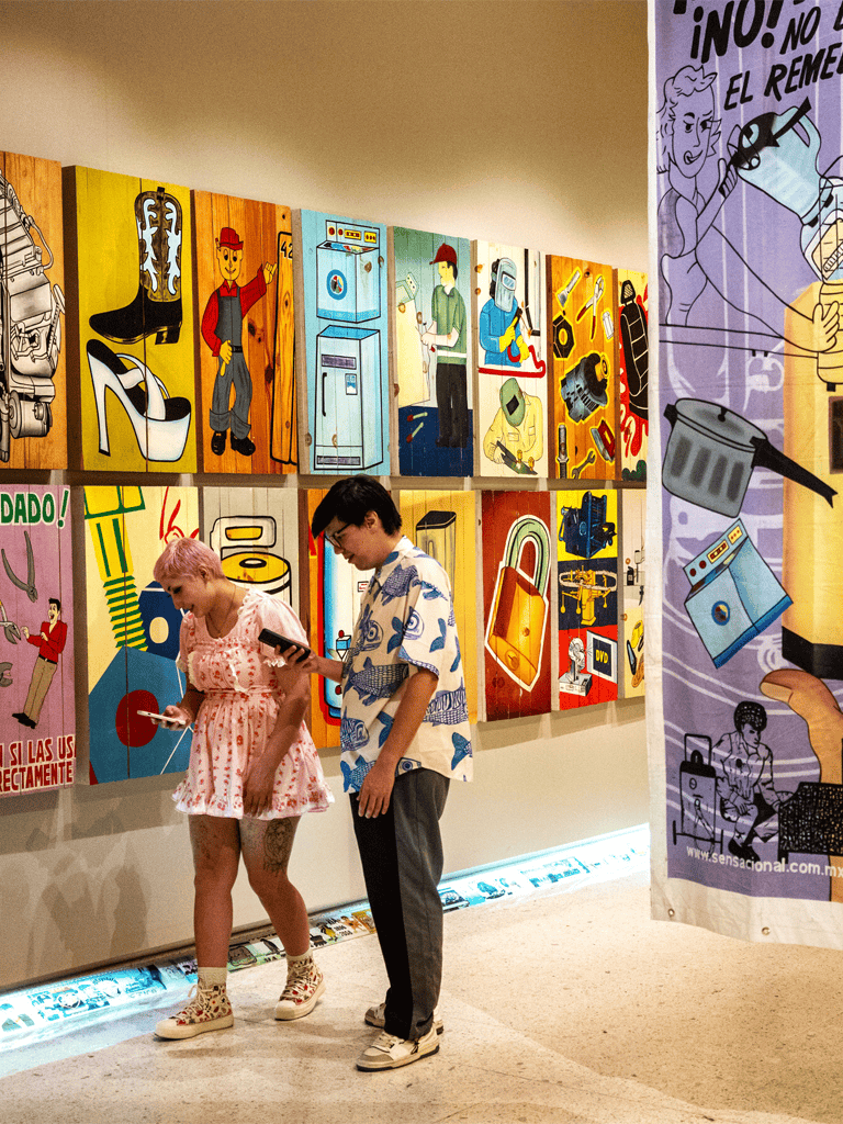 Art booth artwork depicting tools and technology for creative projects.