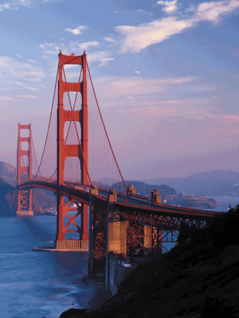 Golden Gate Bridge in San Francisco during sunset.
