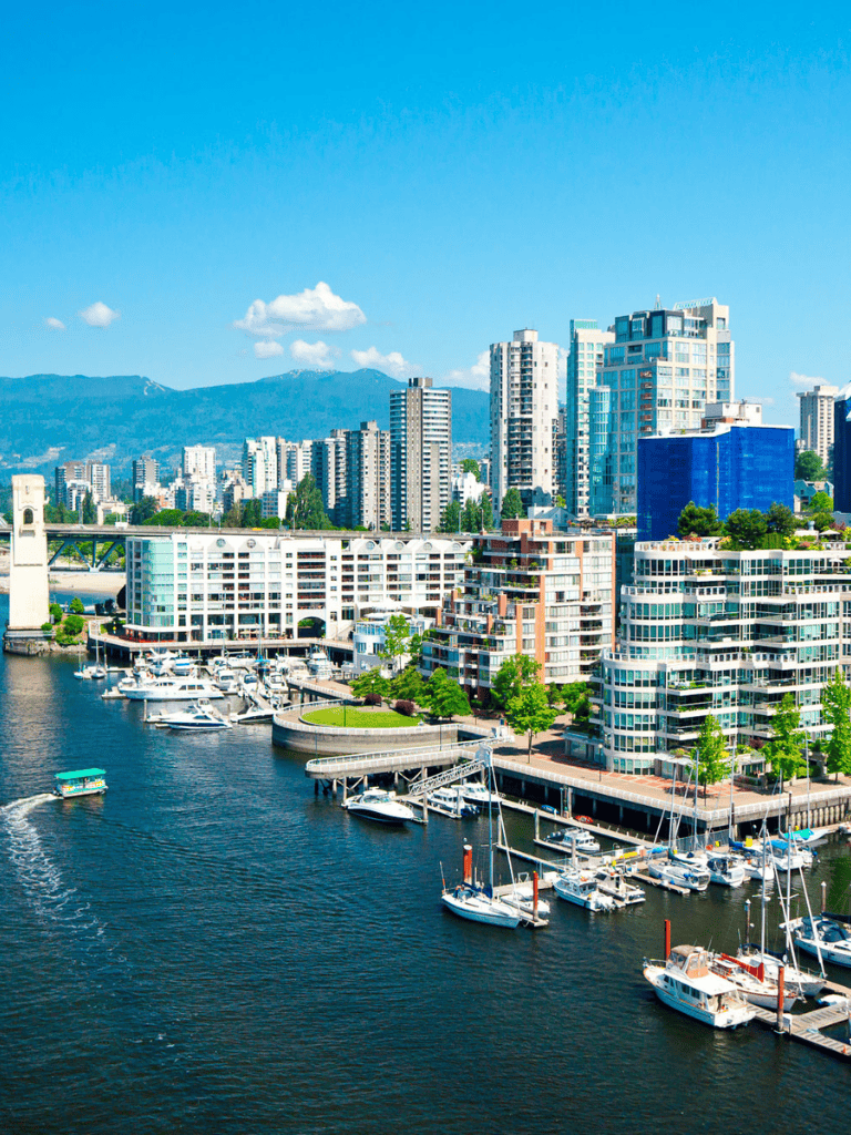 Luxury cityscape with marina in Vancouver, Canada, ideal for navigation and travel planning.