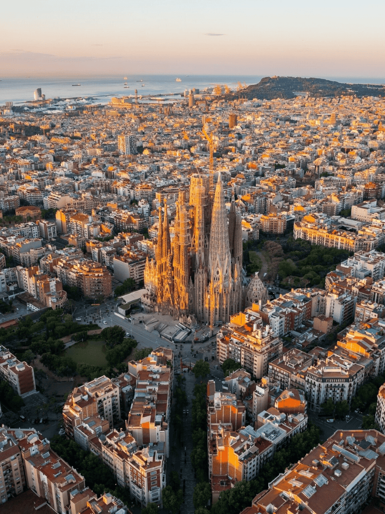 Barcelona Cathedral in Aerial View, Spain, Famous Gothic Architecture and Cityscape.