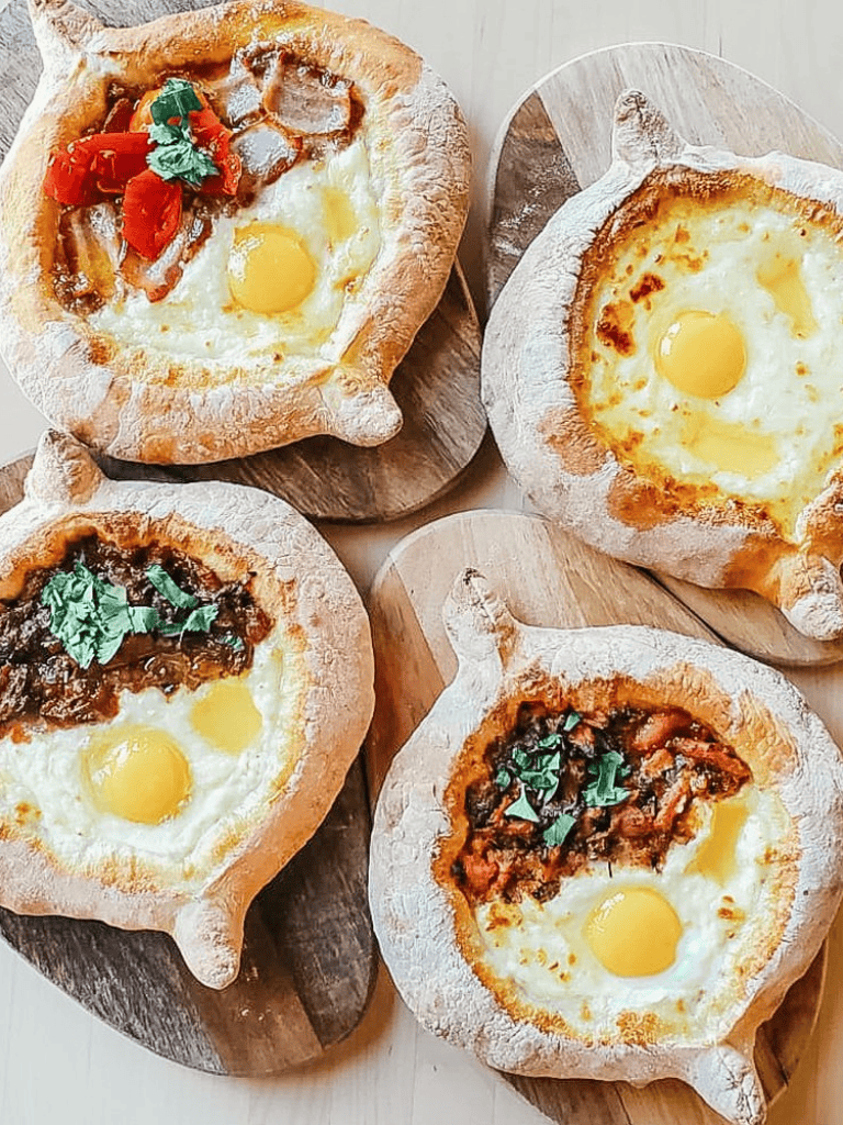 Fresh baked bread bowls with eggs and toppings, perfect for breakfast or brunch.