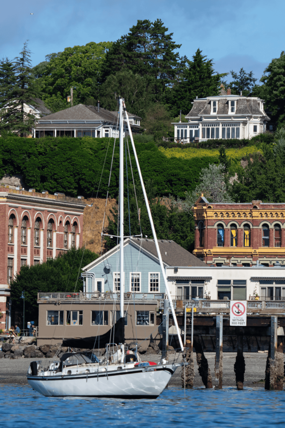 Charming waterfront scene with sailboat, historic buildings, and lush hillside homes.