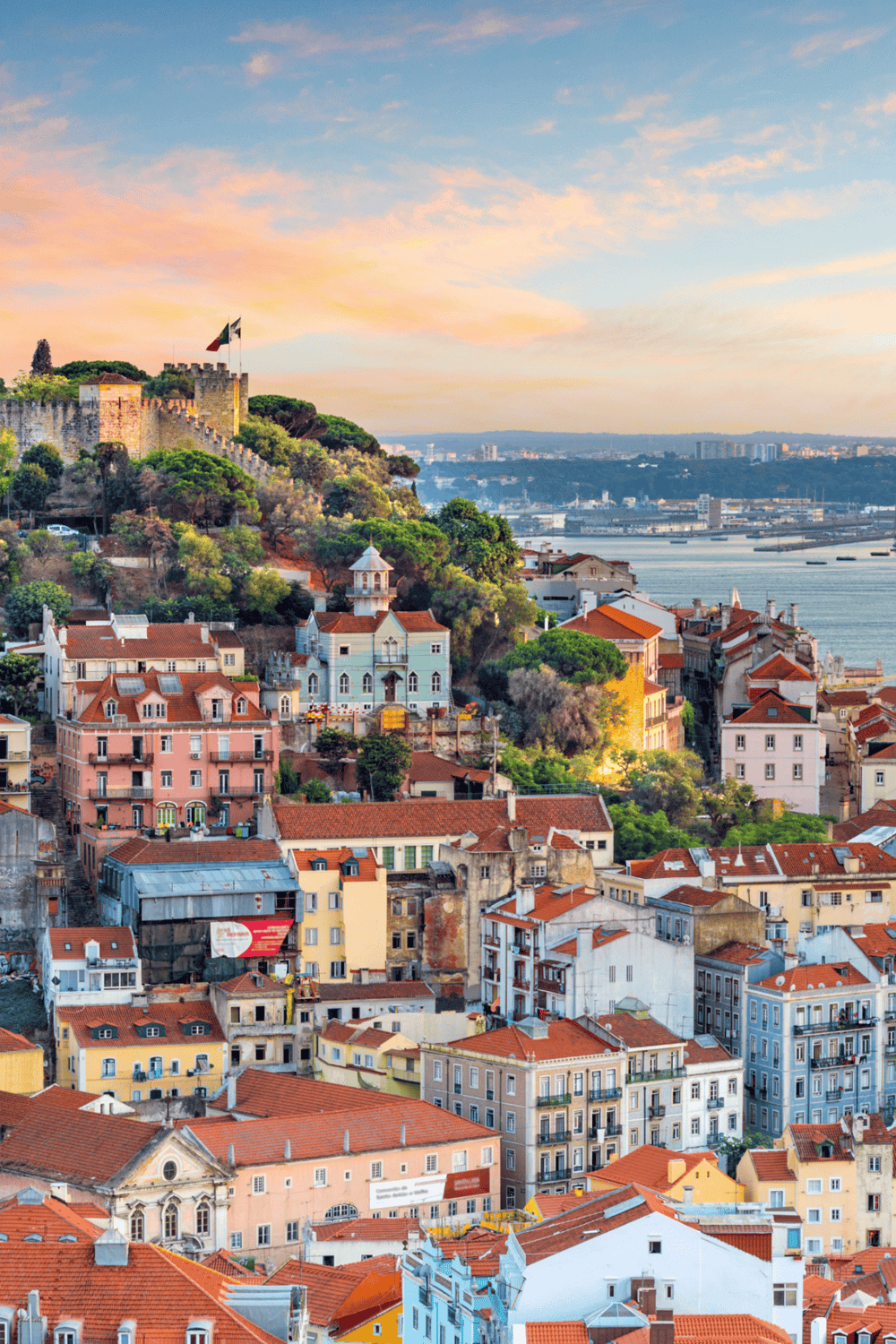 Vibrant Lisbon cityscape with historic castles and colorful rooftops, showcasing Portugal travel and sightseeing attractions.