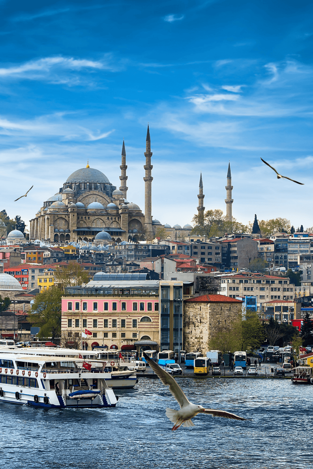 Majestic mosque on Istanbul skyline with boats on Bosphorus and seagulls flying, iconic Turkey travel destination.