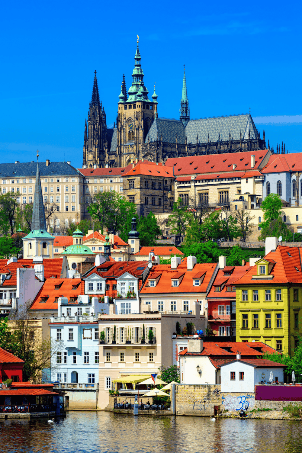 Historic Prague cityscape with Prague Castle and colorful riverside houses, a must-visit travel destination.