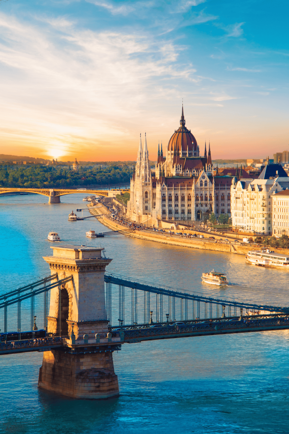 Historic Budapest Parliament and Chain Bridge over Danube River at sunset, iconic European travel destination.