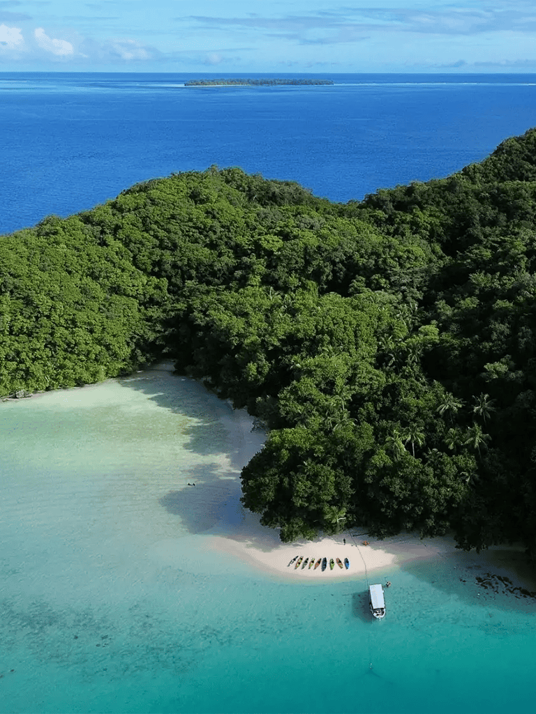 Tranquil tropical island with lush greenery, turquoise waters, and white sandy beaches beachfront.