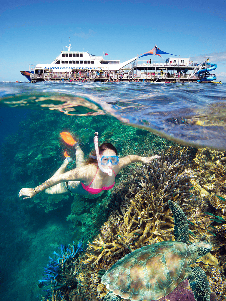 Vibrant snorkeling scene with a woman swimming above coral reefs and sea turtles near a Sunlover Reef Cruises vessel.