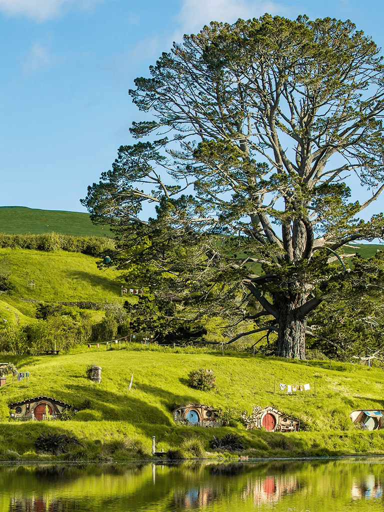 Huge ancient tree surrounded by hobbit-style homes in lush green landscape.