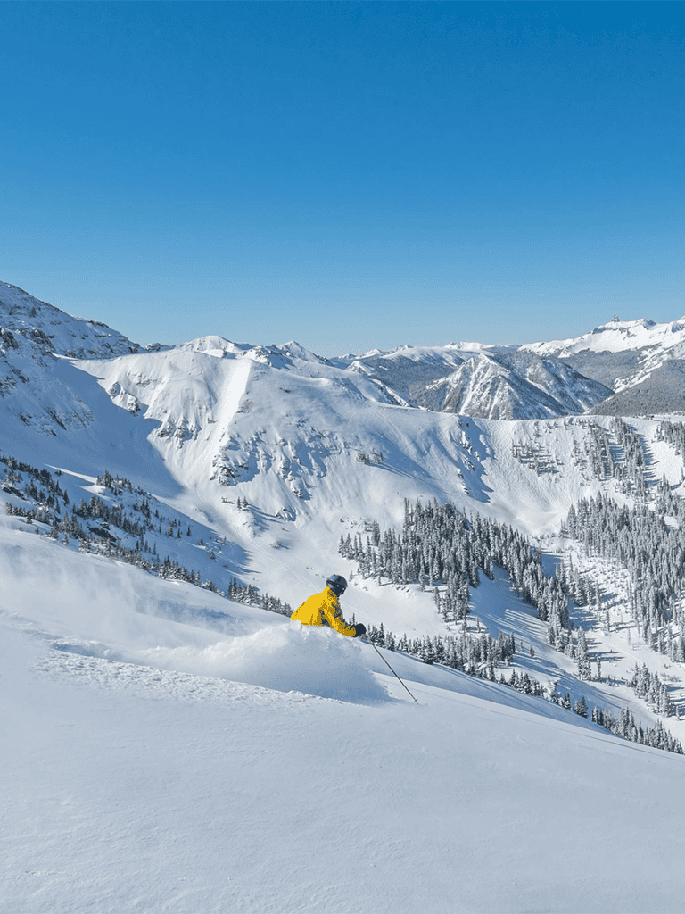 Skiing in snowy mountain landscape with clear blue sky, winter adventure in pristine ski resort area.
