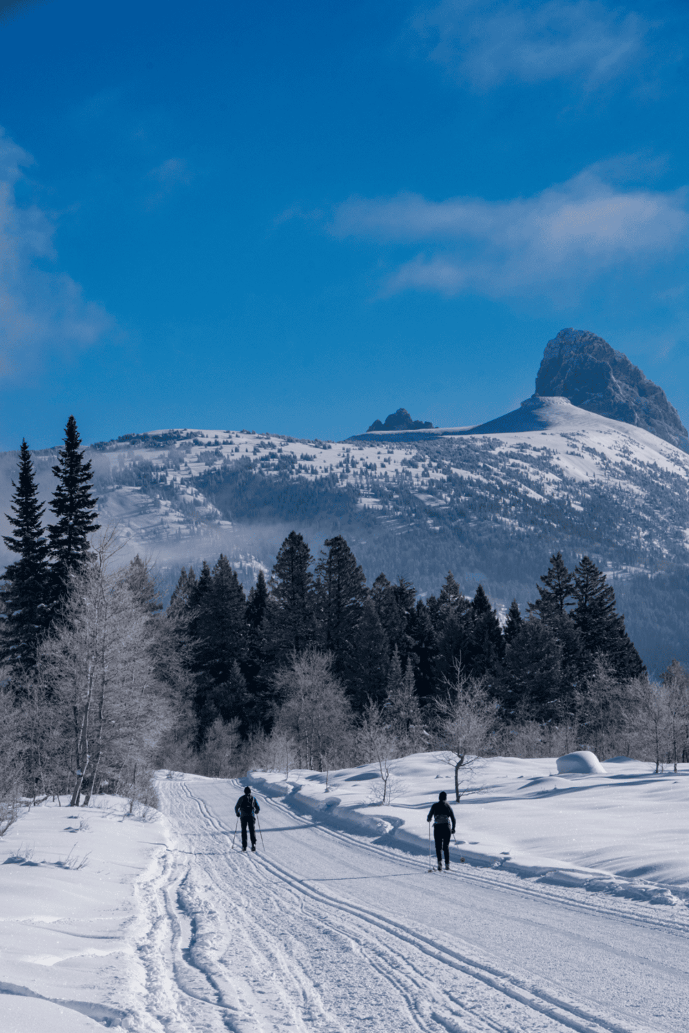 Snowy mountain landscape with cross-country skiers, winter adventure, and scenic outdoor exploration.