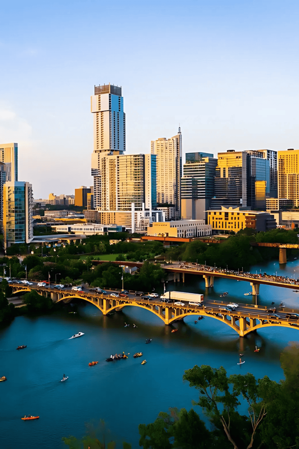 Skyscrapers and city skyline in Brisbane, Queensland, with a bridge over the Brisbane River and boats in the water.