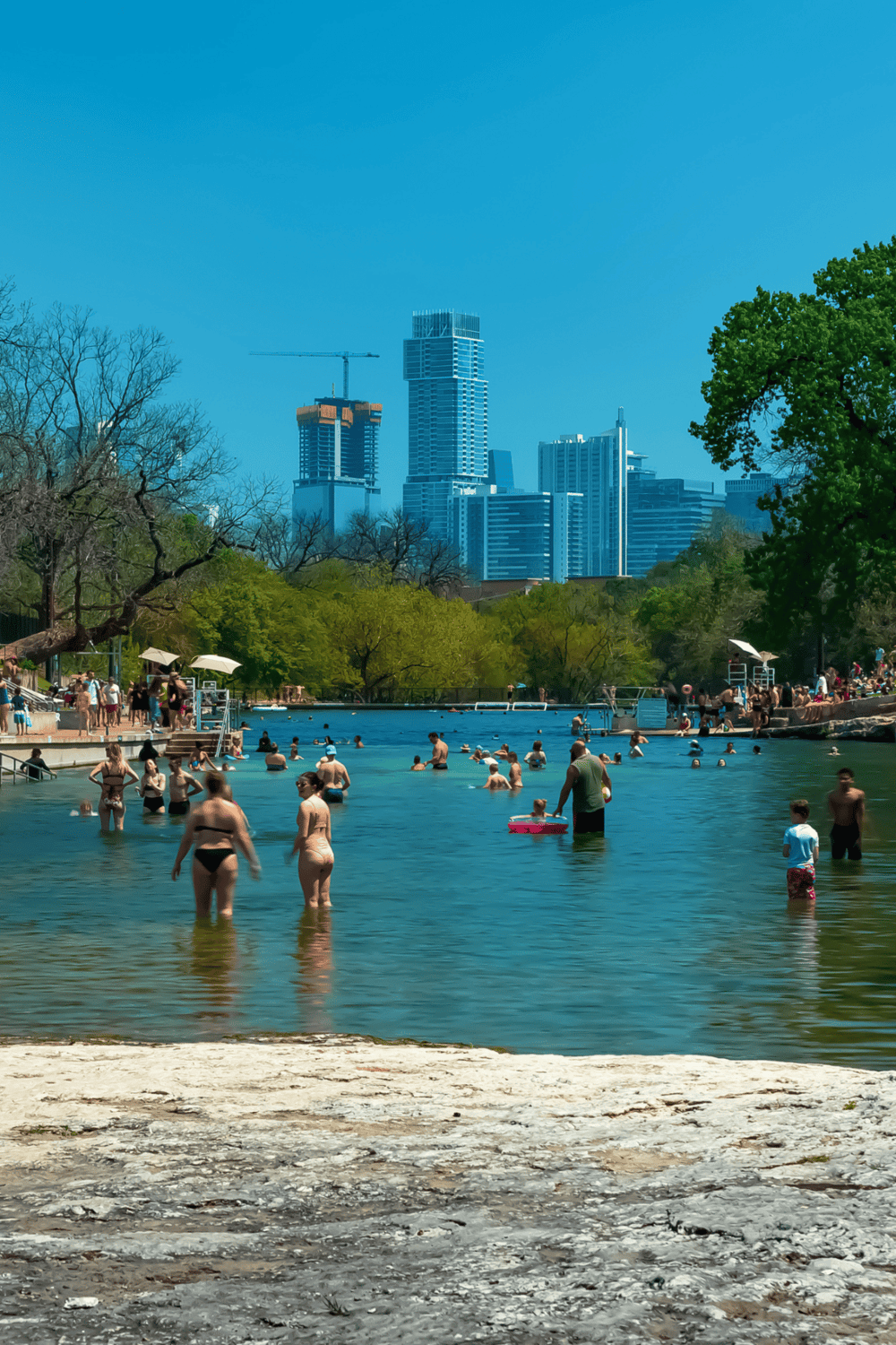 Relaxing Barton Springs Pool with Austin skyline in background, popular for outdoor swimming and city views.
