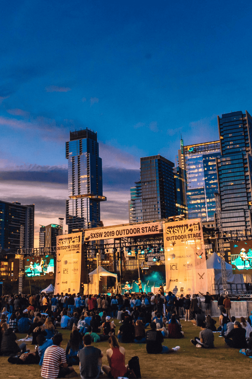 Modern Austin Austin skyline and outdoor stage at SXSW 2019 event, showcasing cityscape and live music experience.