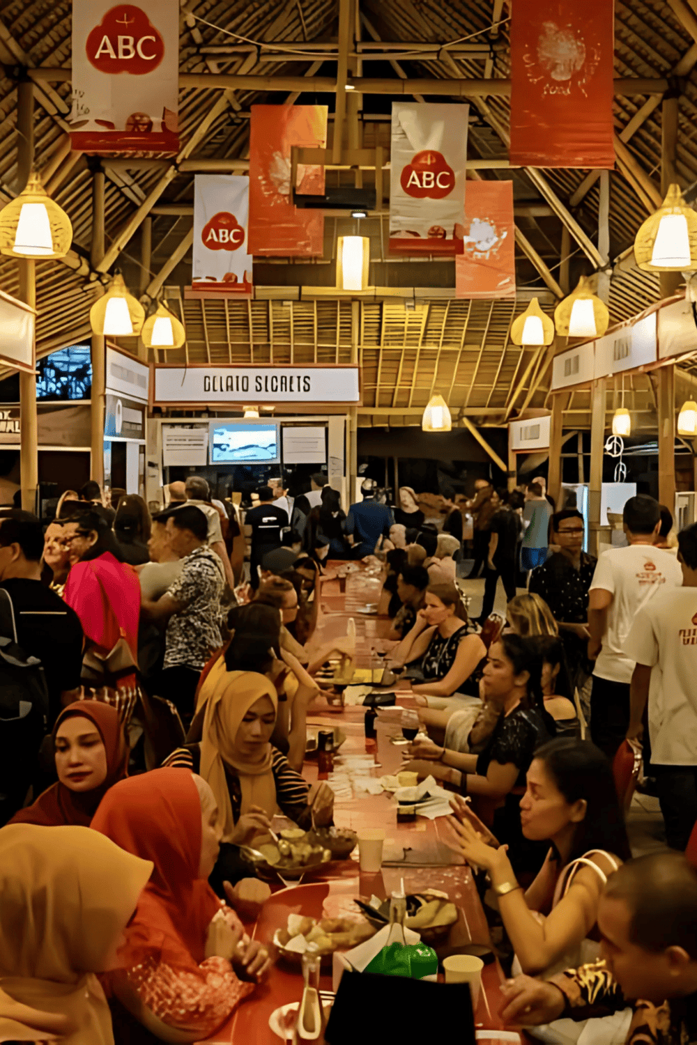 Vibrant indoor event space with cultural decor, food, and diverse people; ideal for community gatherings and celebrations.