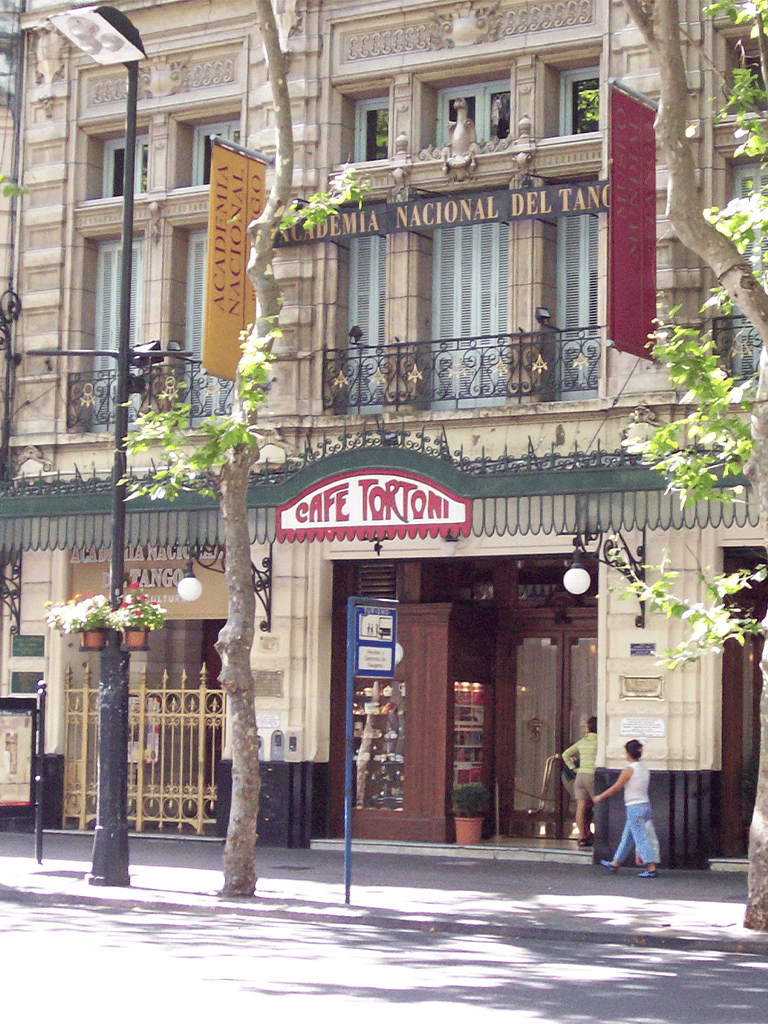 Deluxe historical building with Café Tortoni sign in Buenos Aires, Argentina.