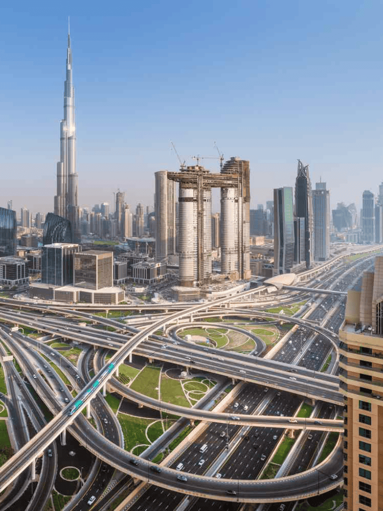 Burj Khalifa skyscraper and complex highways in Dubai, UAE.