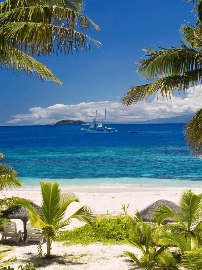 Tropical beach with palm trees and sailing boats in crystal-clear blue waters.
