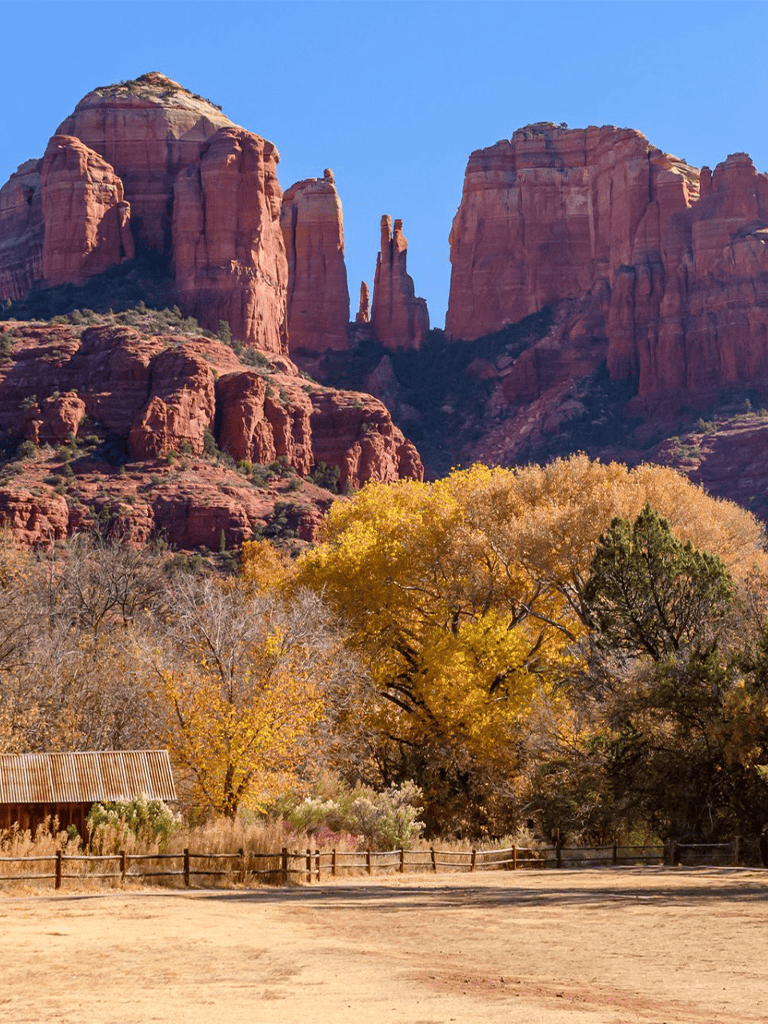 Vibrant red rock formations at Sedona with autumn trees under a clear blue sky.