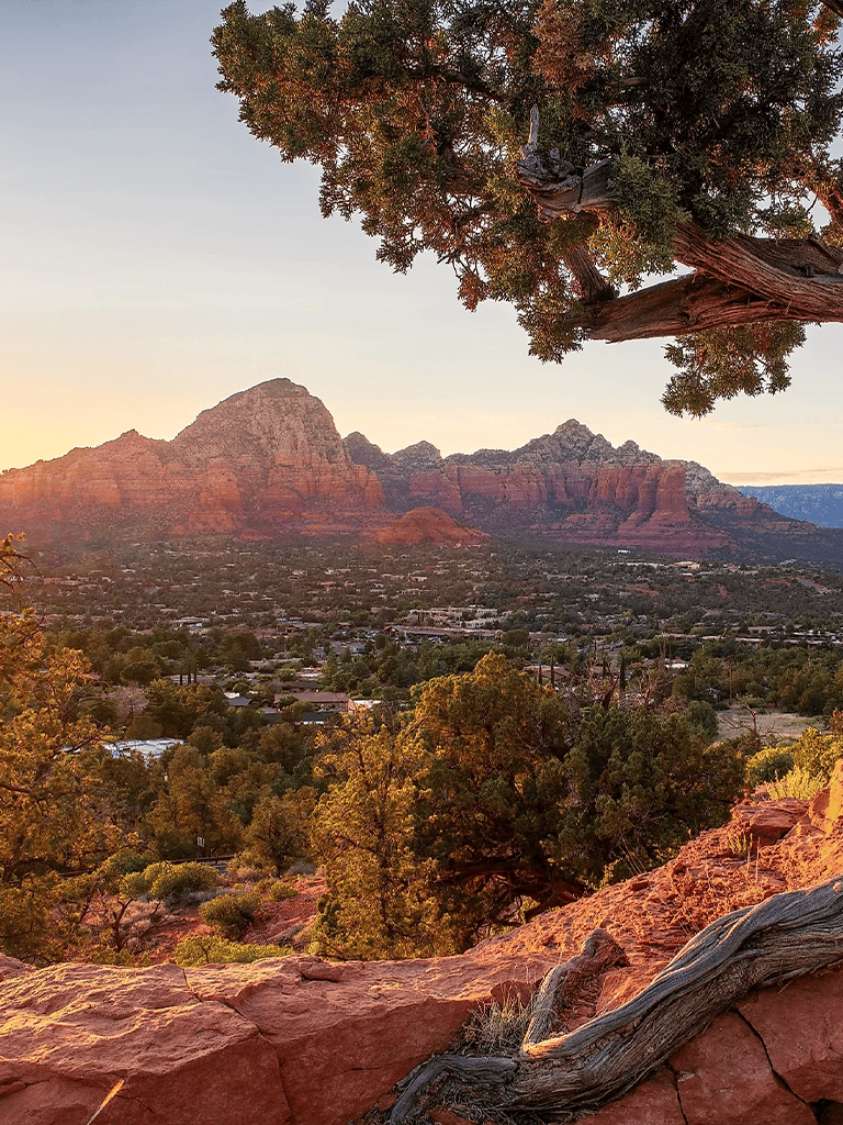 Vibrant sunset over Sedona red rocks with a scenic view of desert landscape and lush trees, showcasing Arizona's natural beauty.
