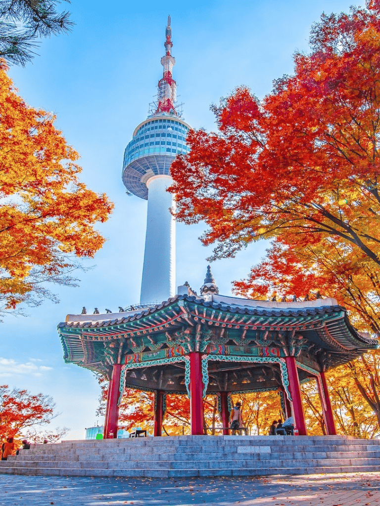 Colorful autumn trees surrounding Seoul Tower and traditional pavilion in fall foliage.