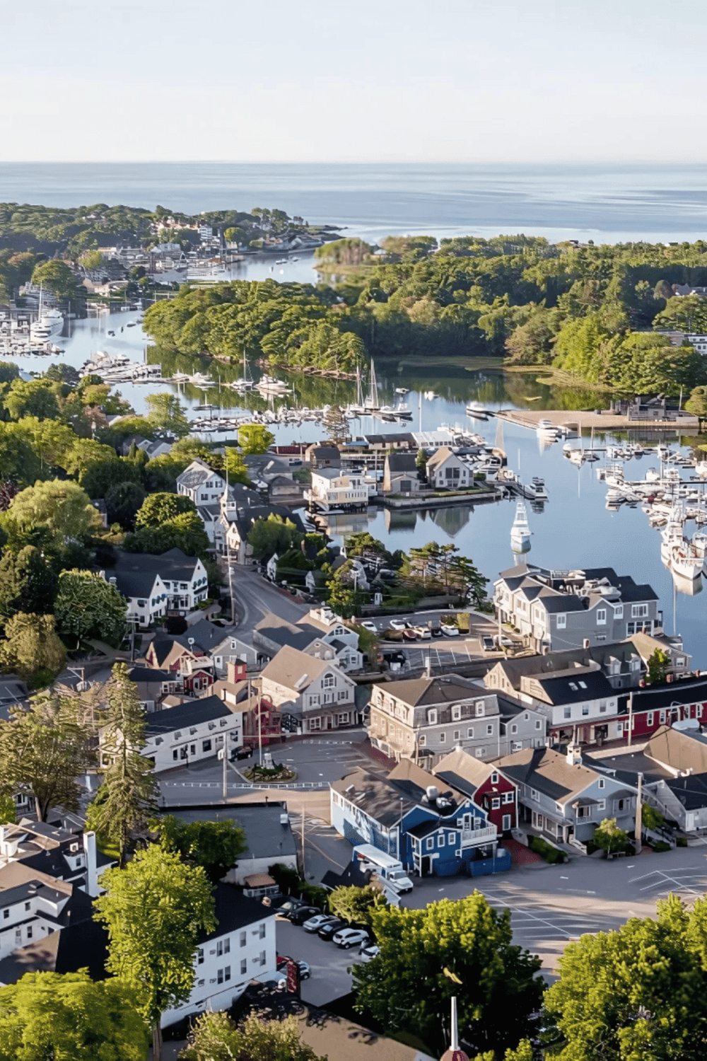 Colorful coastal town with marina and waterfront homes - best vacation destination.