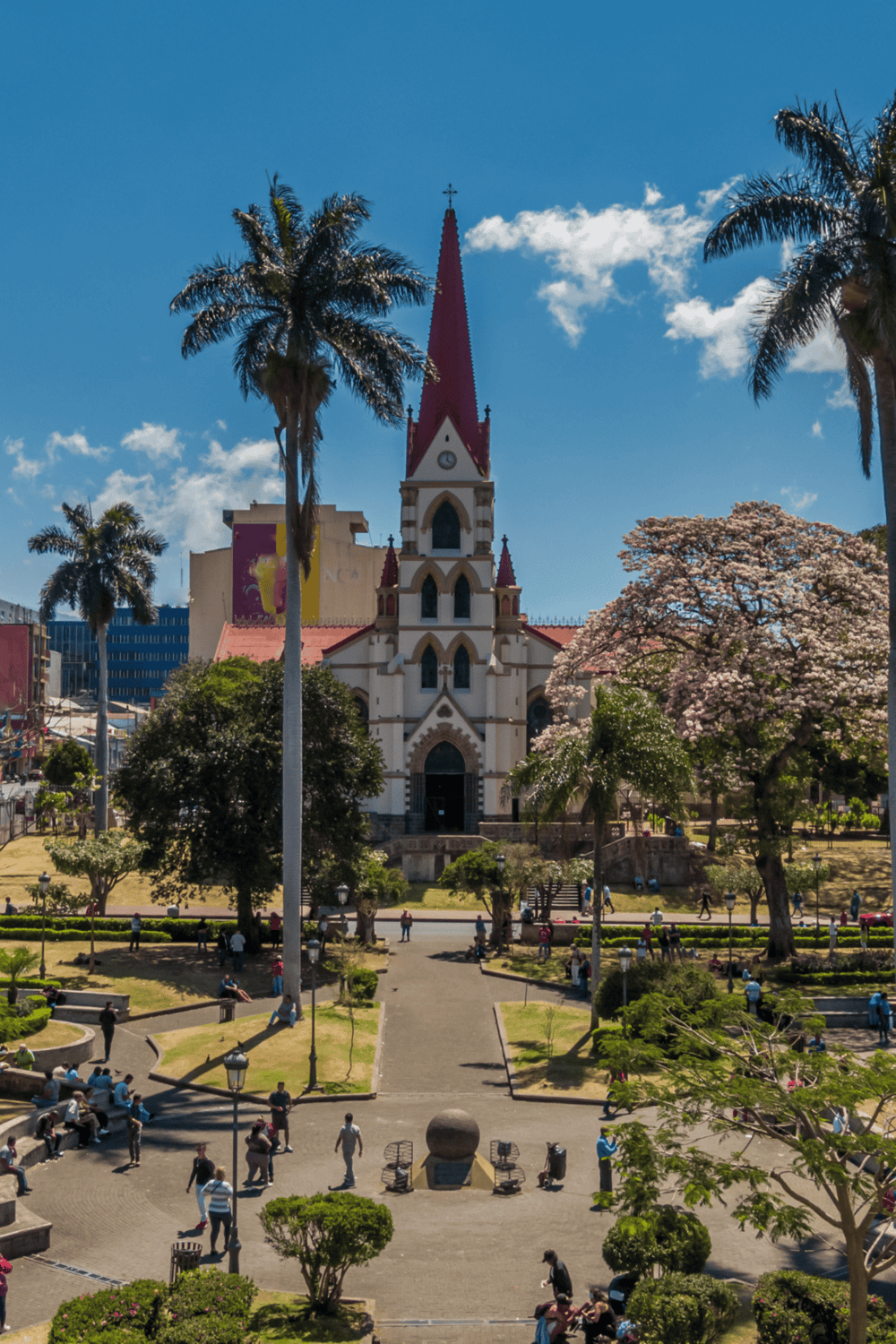 Colorful church with pink steeple in a lively park with palm trees and blooming flowers in a sunny city setting.