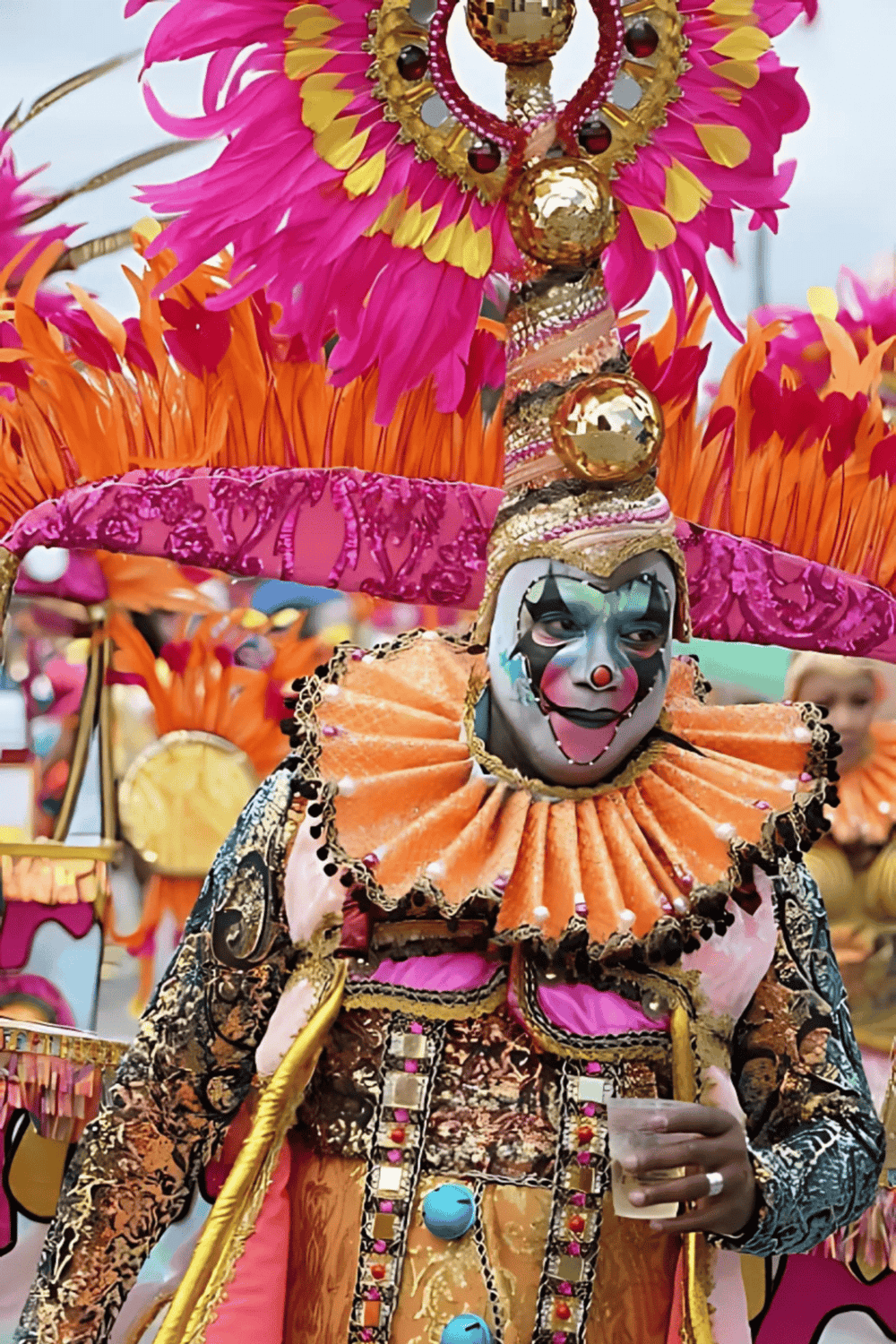 Clown costume with colorful feathers and face paint, Mardi Gras parade celebration, vibrant carnival attire for festive events.