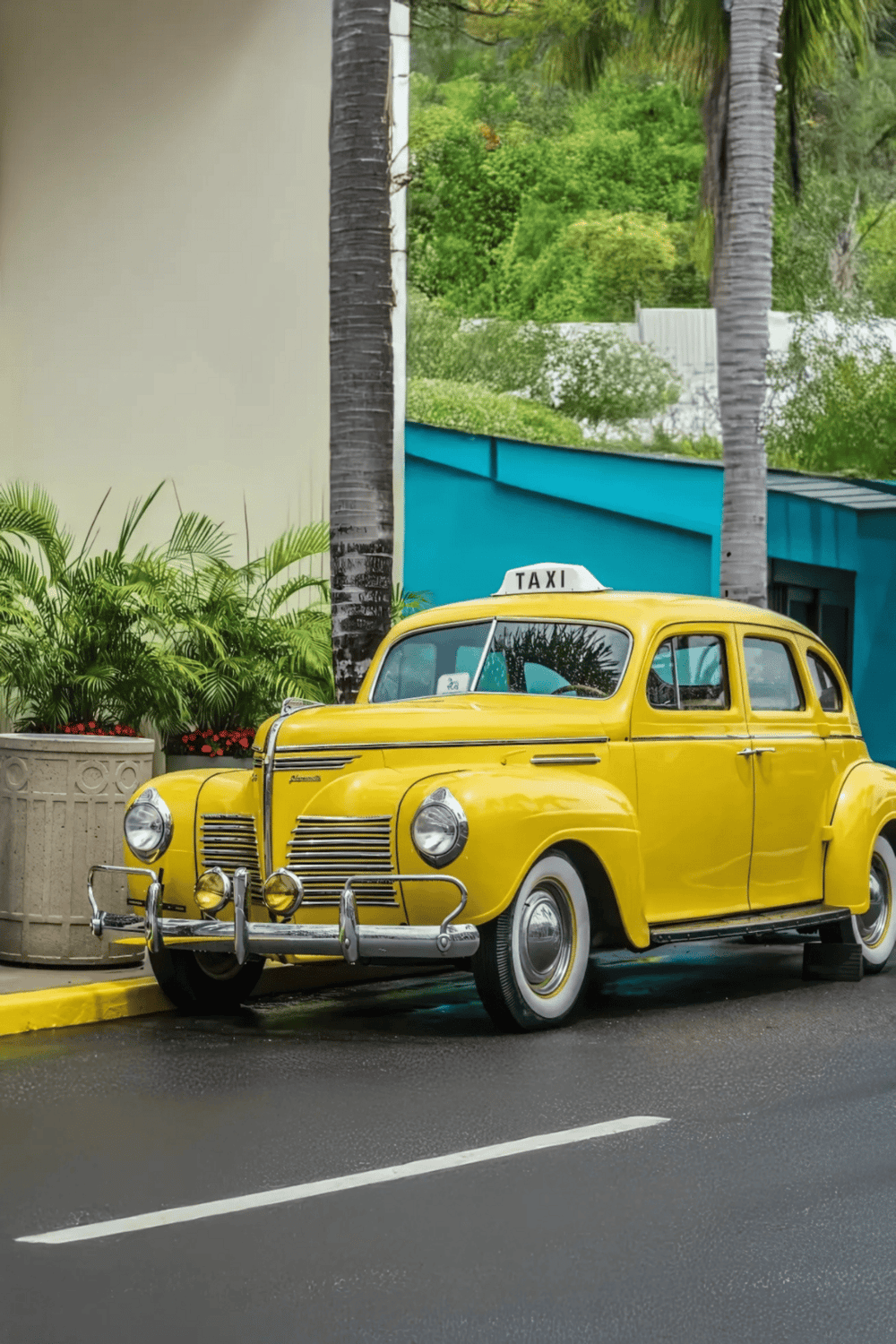 Vintage yellow taxi cab parked on street with tropical foliage background.