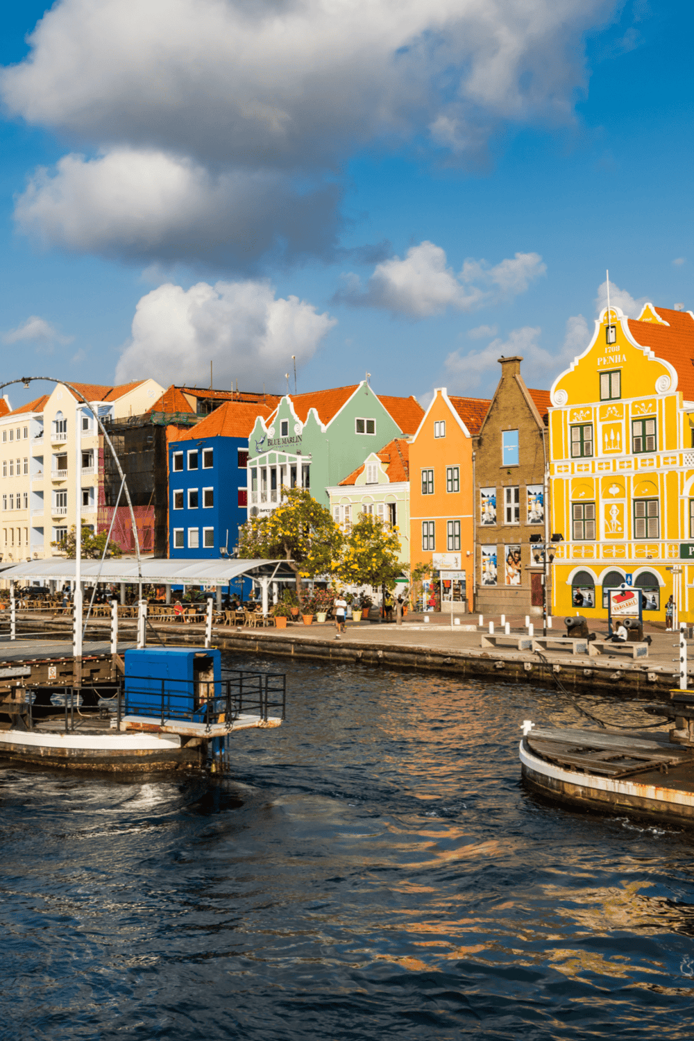 Colorful European houses along a harbor in Gdansk, Poland, during daytime.