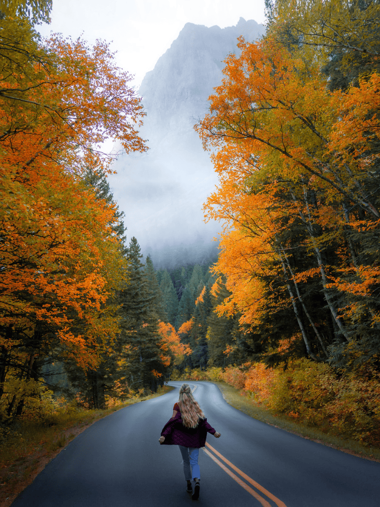 Colorful autumn forest with a winding mountain road, a girl walking, scenic outdoor travel destination, nature exploration, fall scenery.
