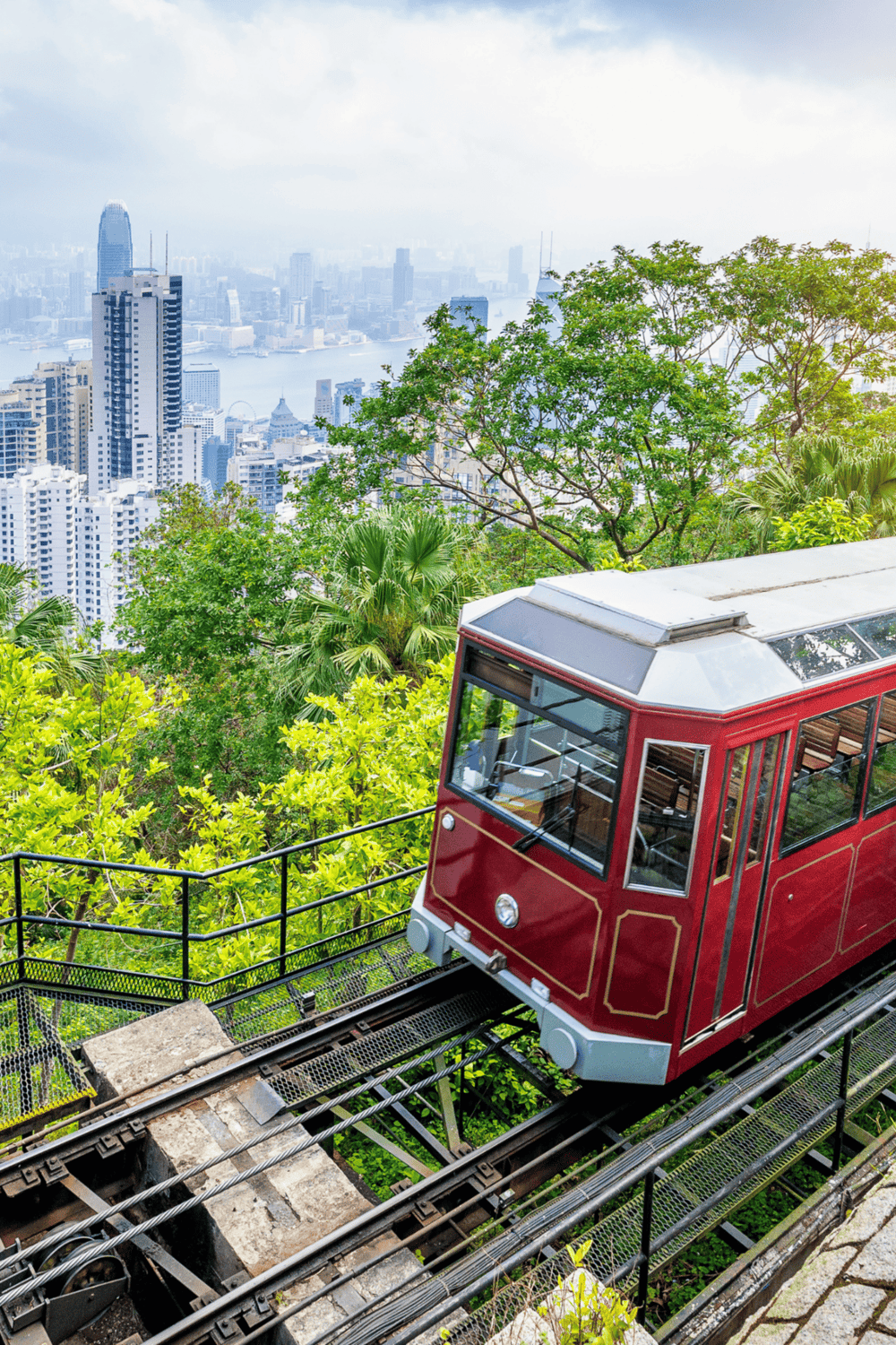Aerial view of a red funicular tram ascending lush green hillside over the city skyline.
