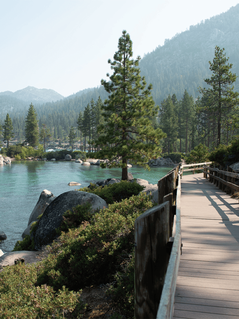 Serene lakeside pathway surrounded by pine trees and mountains, perfect for outdoor adventures and exploration.