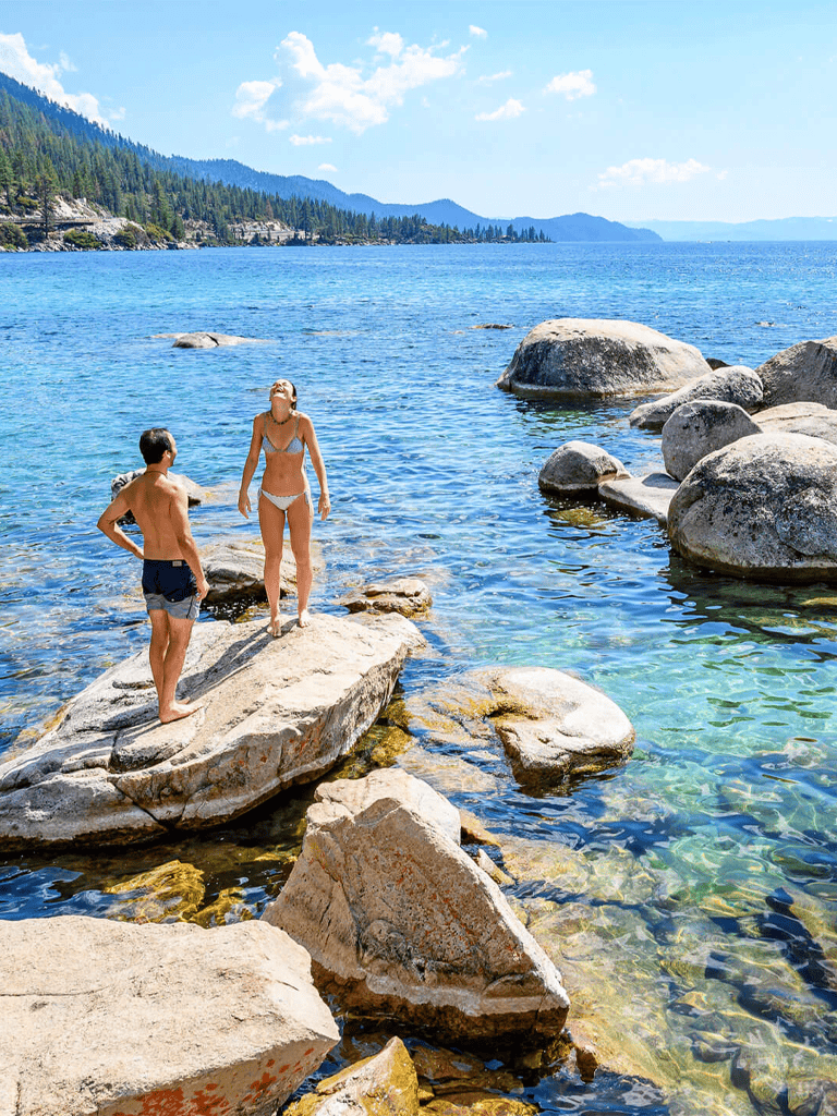 Tranquil lakeside scene with people enjoying clear waters and rocky shoreline, perfect for outdoor adventure and nature exploration.